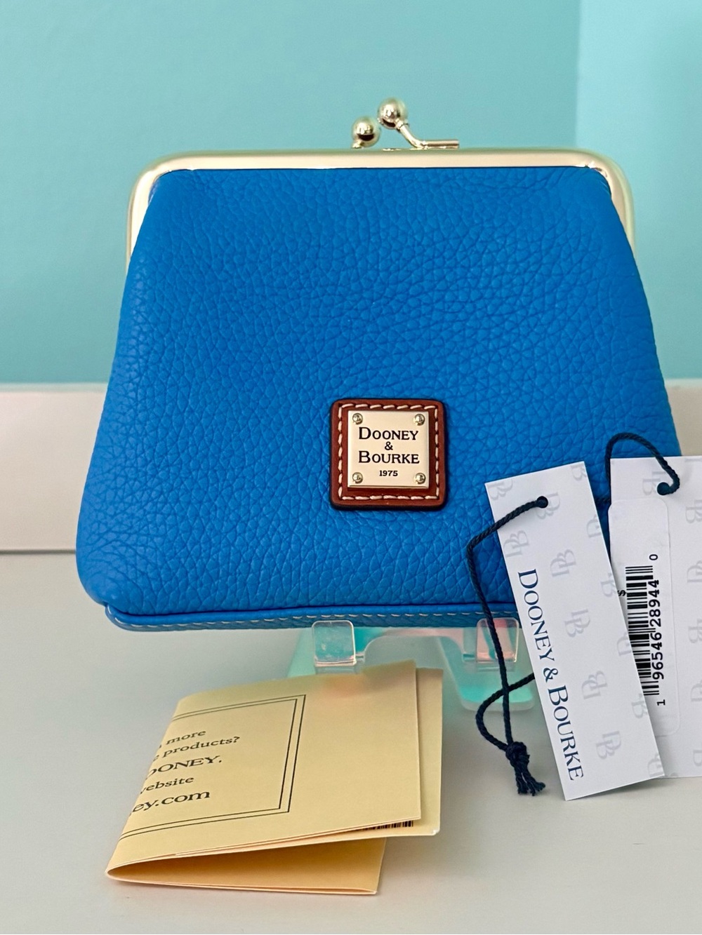 Dooney & Bourke Azure Pebble Leather large Kiss-Lock Coin Purse with Gold Frame